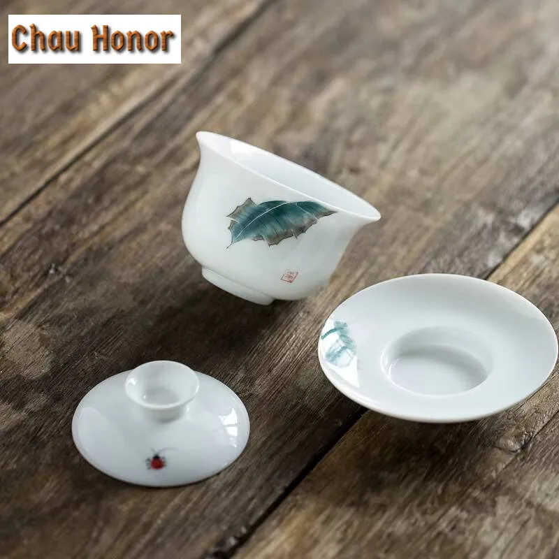 140ml Hand-painted Sancai Covered Bowl Tea Cup Ceramic  Kung Fu Tea Set Household Tea Making Bowl Tea Ceremony Customized Gift