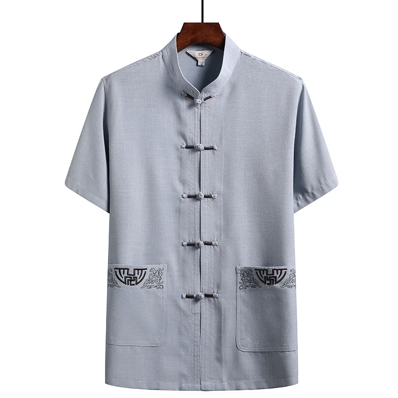 Cotton and Linen (Top + Pants) Elderly Men Gold Silk Pan Buckle Pocket Embroidered Tang Dress Han Dress Lay Tai Chi Suit Set