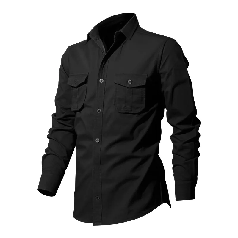 2024 summer Europe and the United States vintage cargo men's advanced multi-pocket solid color leisure sports long-sleeved shirt