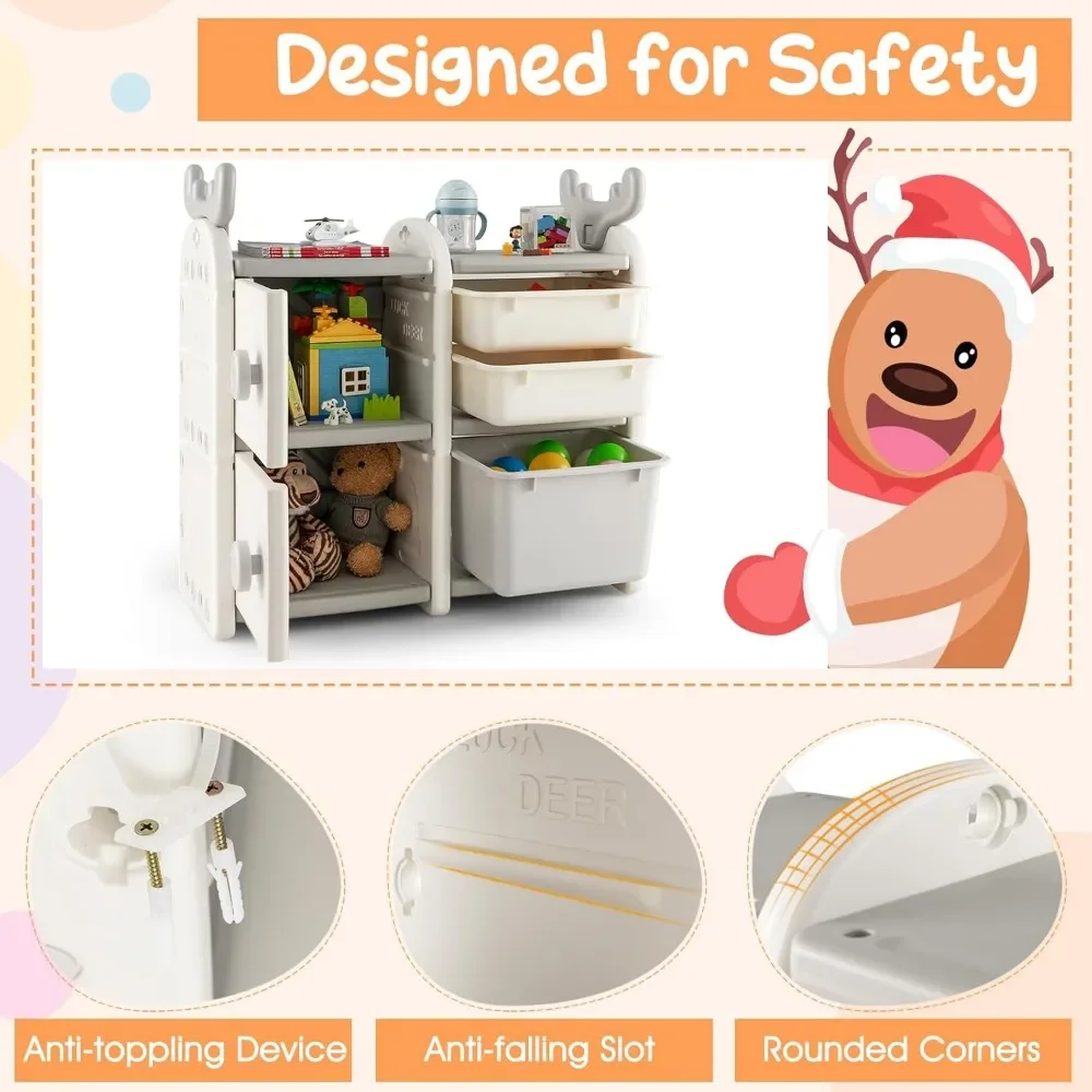 Toy Storage Organizer with Bins, Multipurpose Bookshelf and Toy Chest with Antler Top, Enclosed Cabinets & Pull-Out Drawers 5