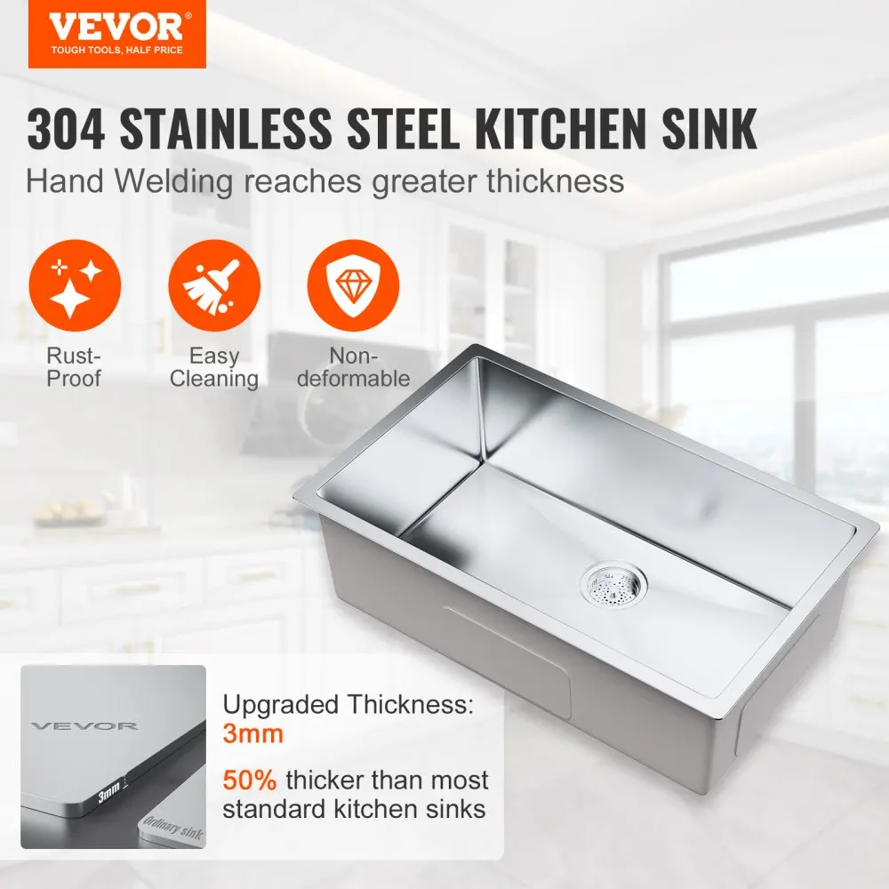 VEVOR Kitchen Sink 304 Stainless Steel Drop-In Sinks Undermount Single Bowl Basin Household Dishwasher Sinks for Kitchen 3