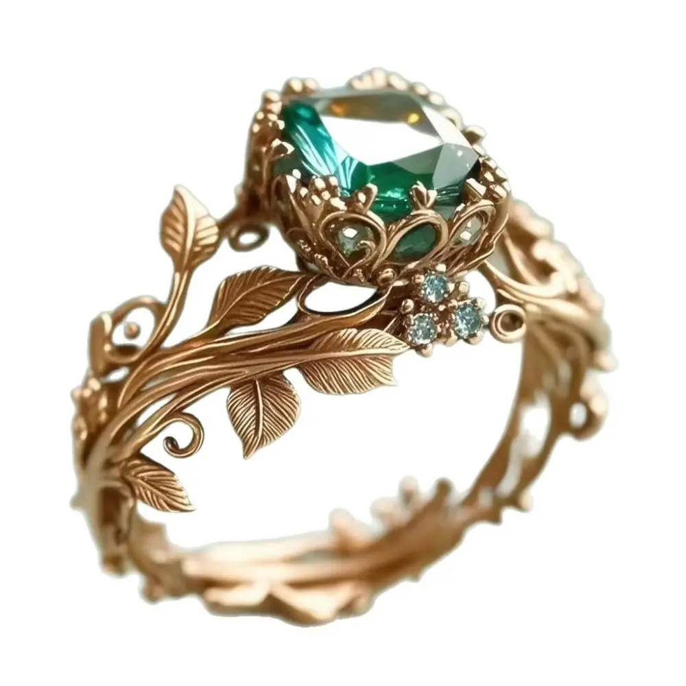 Inlaid Design Leaf Flower Ring with Green Stone Fade-Resistant Finger Decoration Simple Design Individual Ins Style
