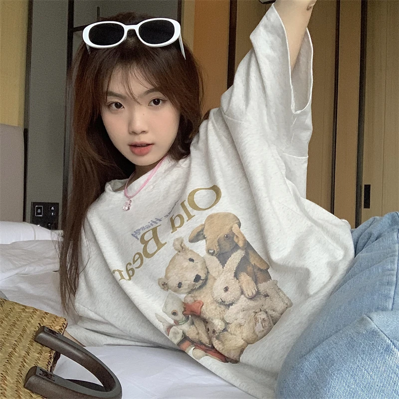 

Женская свободная Винтажная футболка в Корейском стиле Харадзюку с надписью «Lazy» и принтом медведя, женские футболки, топы в японском стиле, Милая женская одежда Ulzzang