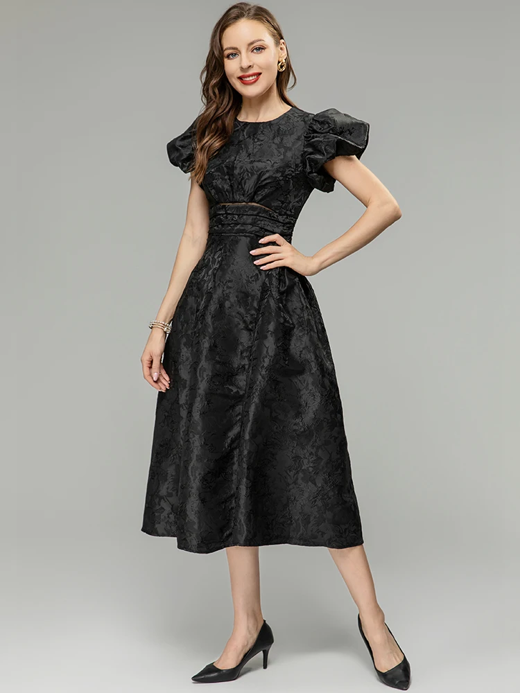 

MoaaYina Fashion Designer dress Summer Women's Dress O-Neck Puff Short Sleeve Jacquard Drape Elegance Party Dresses