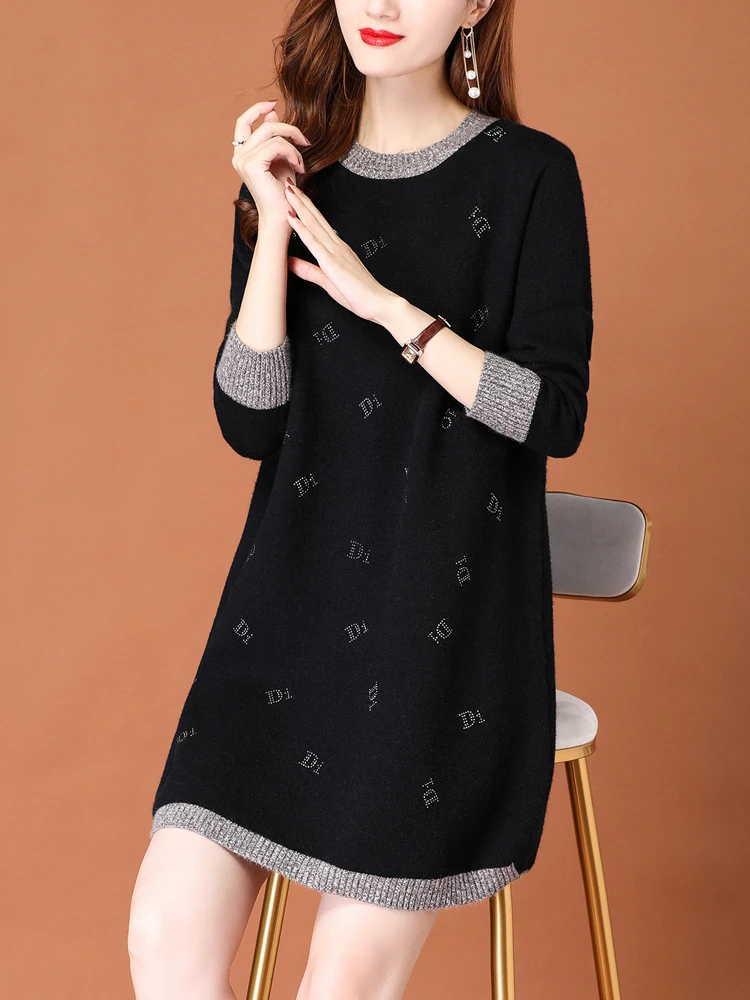 

Spring Long Knitted Dress High Quality Women's Sweater Long Sleeve Pullovers Dress Pull Femme Jumper O Neck Print Sweater Women