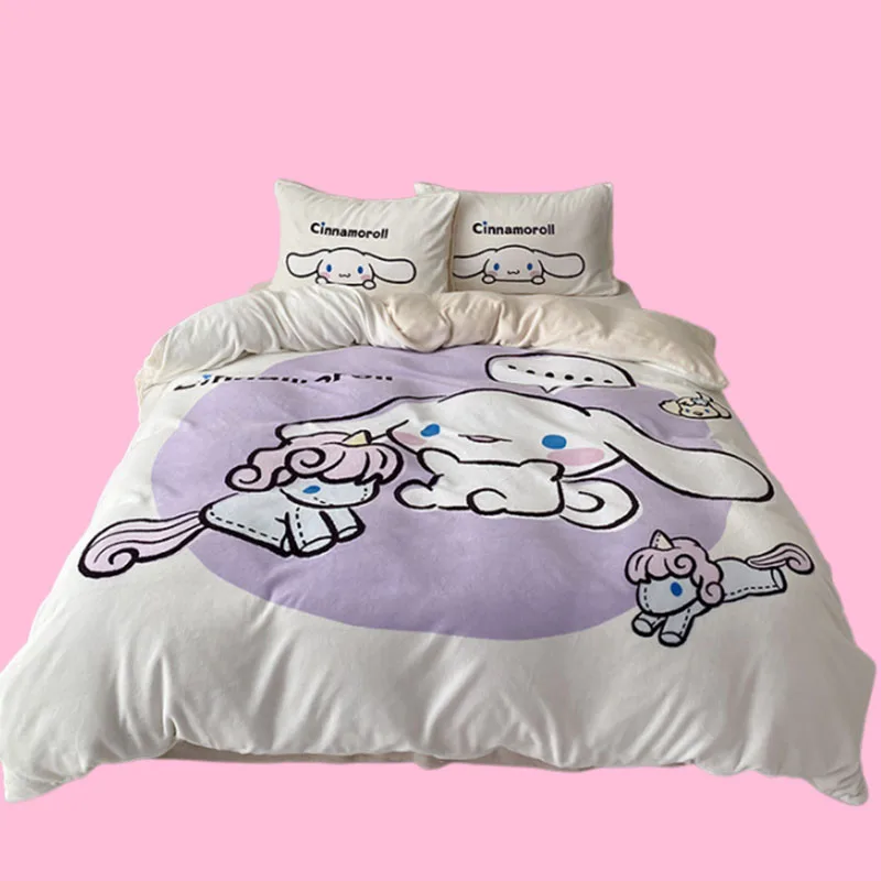 

New Sanrios Cinnamoroll Kuromi Quilt Cover Bed Sheet Pillowcase Set Winter Thickened Milk Velvet Fitted Sheet Bedding Bed Cover