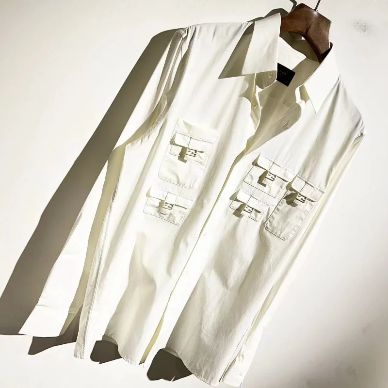 

2023ss Top Quality FF Pockets Patchwork Casual Shirts for Men Long Sleeve Button Down Shirt Streetwear Men's Clothing Clothes