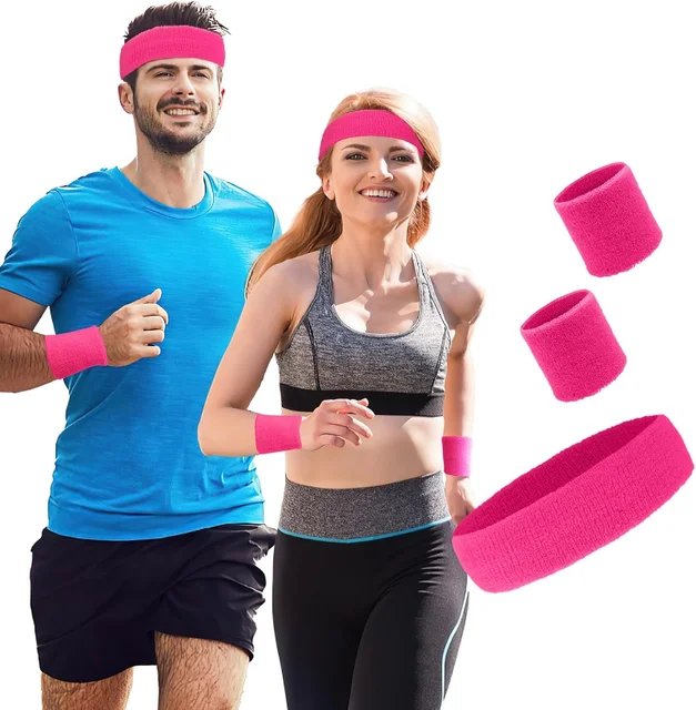 3Pcs Cotton Headbands Sweatbands Set for Running Cycling Yoga Sports Wristband Hairband Athletic Sweat Bands Moisture Wicking