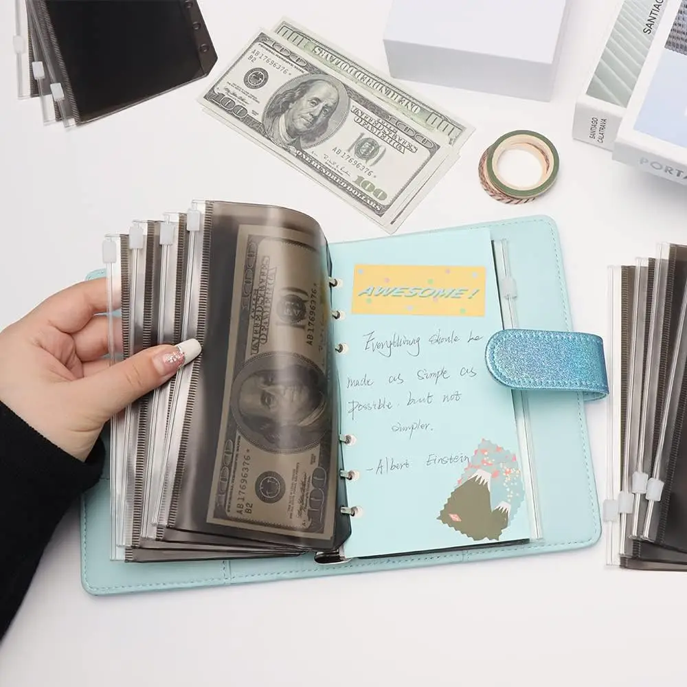 12Pcs A6 바인더 포켓 블랙 지퍼 파우치, 반투명 PVC 현금 예산 봉투, A6 노트북 바인더 용 문서 제출 가방