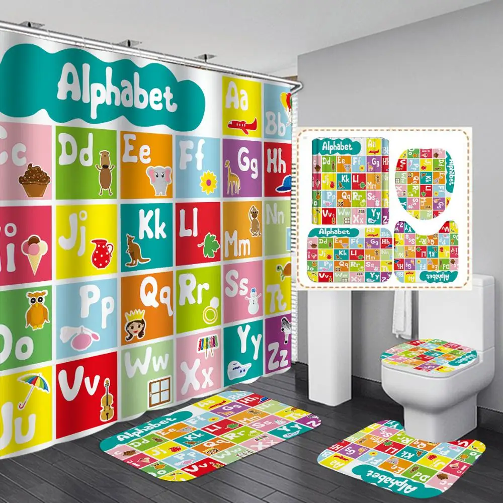 

English Periodic Table of Elements Shower Curtain Set Kids Students Educational Waterproof Bathroom with Mat Rugs Hooks