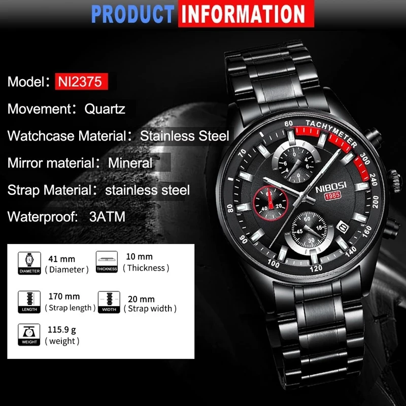 NIBOSI Fashion Mens Watches Top Brand Luxury Quartz Watch Men Waterproof Chronograph Luminous Hands Wristwatch Relogio Masculino