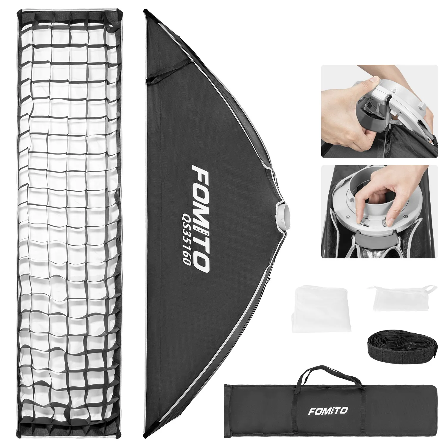 FOMITO 35cm*160cm 직사각형 소프트박스 허니콤 그리드 퀵 릴리즈 보웬스 마운트 소프트박스 포토 스튜디오 플래시 램프용