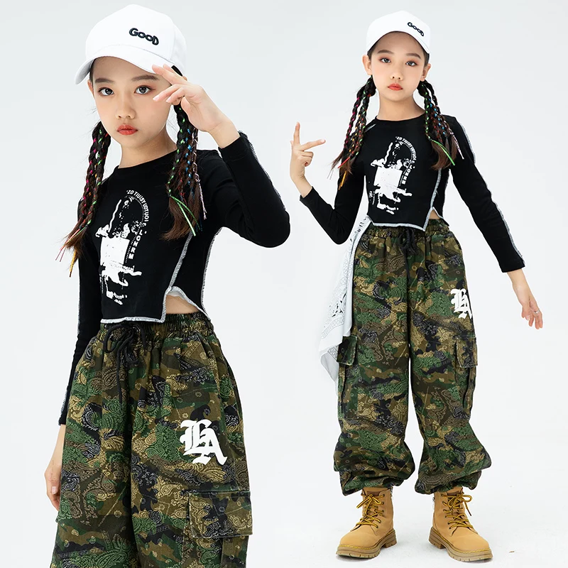 

Girls Teenage Streetwear Clothes Hip Hop Clothing Crop Black Tank Tops Tactical Camo Jogger Pants For Kids Jazz Dance Costume
