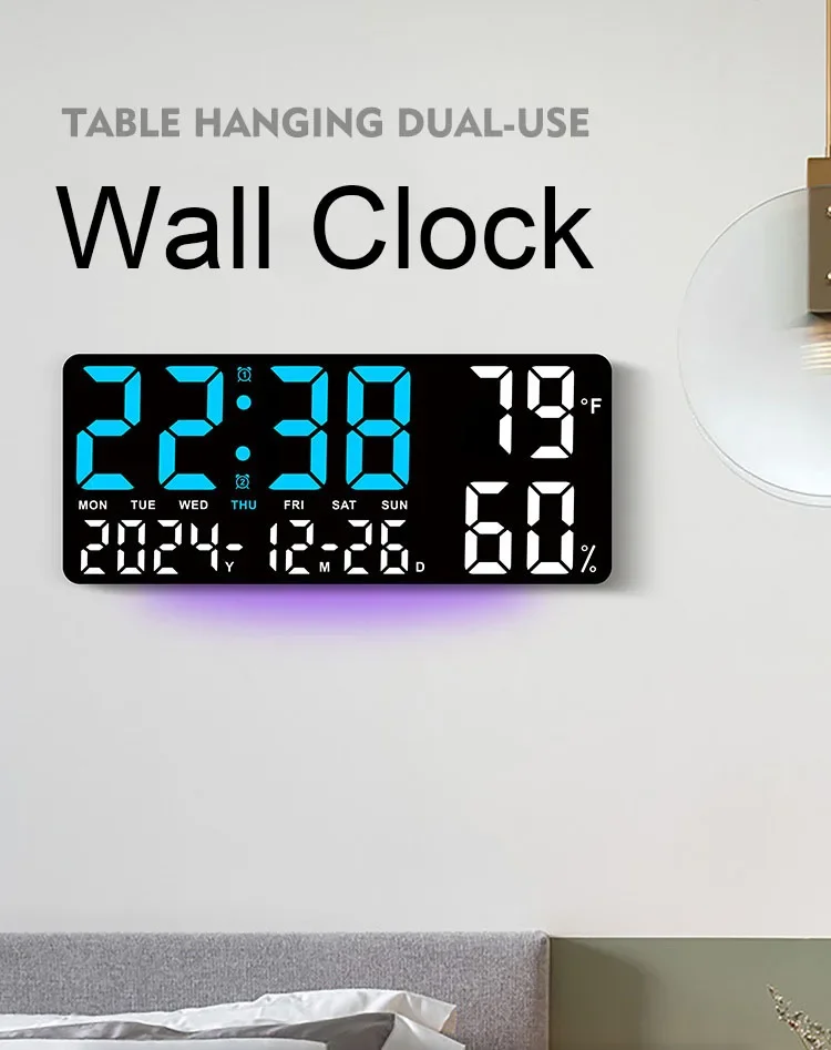 Description Picture 4 of itemDigital Wall Clock Mood Lighting Temperature Humidity Timing Countdown 2 Alarm Auto Dimmer Plug in Use LED Alarm Clock Remote