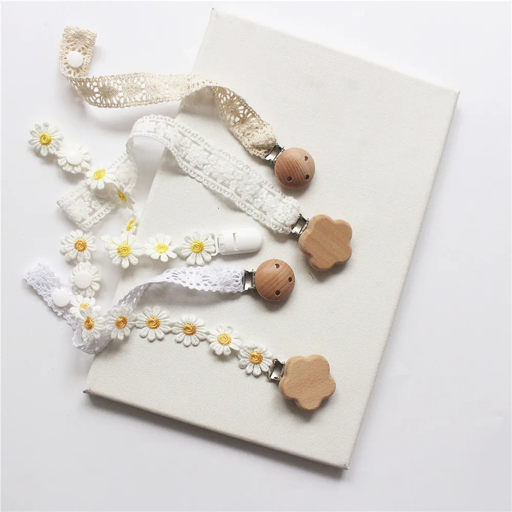 Clips for Pacifier Daisy Lace with Wooden Flower Pacifier Chain Chew Nipple Clips Baby Holder Stroller