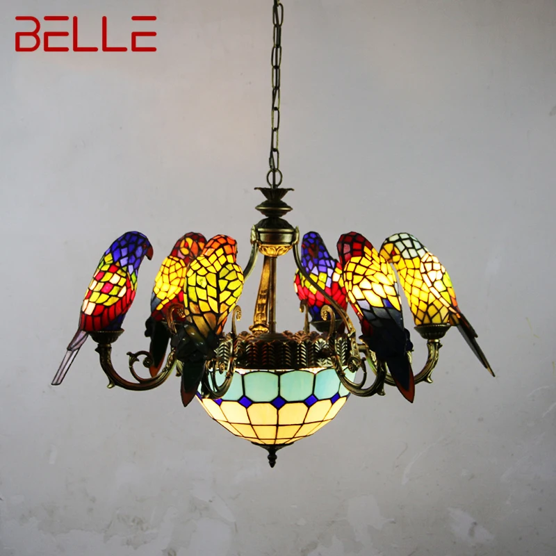 

BELLE Tiffany Parrot Chandelier LED Vintage Creative Color Glass Pendant Lamp Decor for Home Living Room Bedroom Hotel