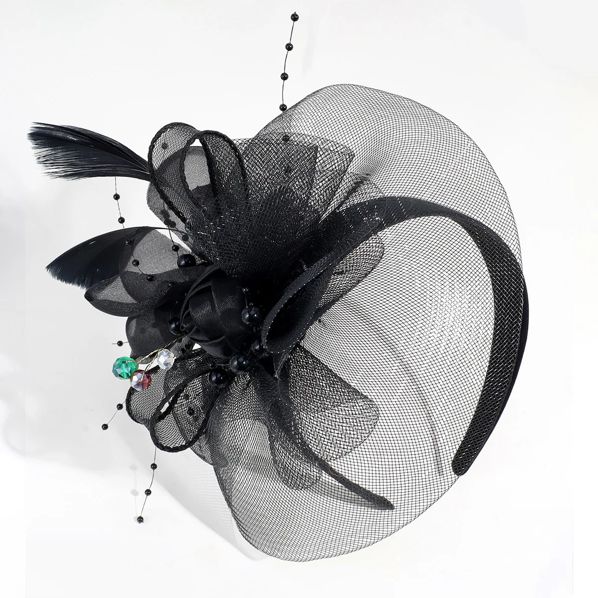 

Black top hat hair band retro performance stage headwear bride veil headband hair accessory
