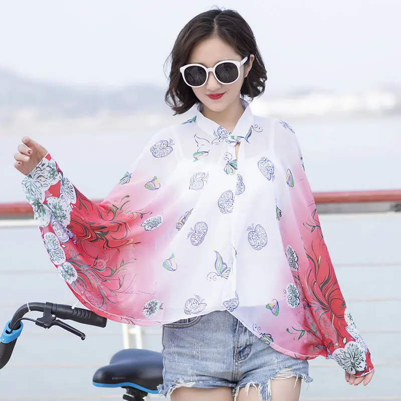 2022 Summer Sunscreen Clothes Women Cycling Cloak Shawl Coat Chiffon Cloak Shawl Thin Style Lady Poncho Capes Red 2023 spain fashion white pure floral silk chiffon shawl scarf lady print thin soft summer beach up wrap foulards sjaal 150 50cm