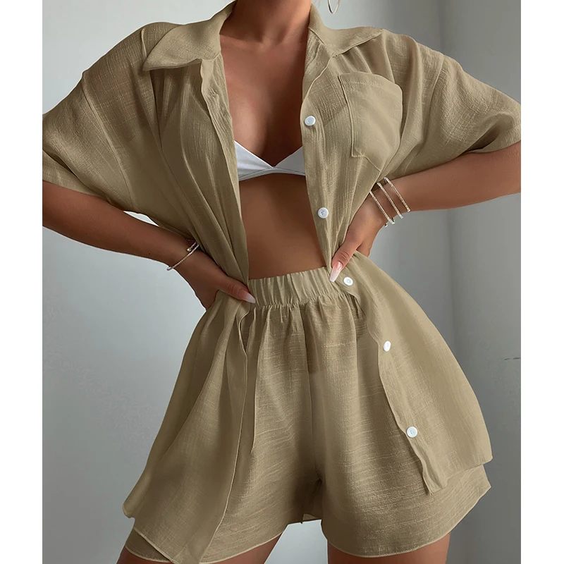 Fashion Button Pocket Shorts Women's Suit Elegant Lapel Short Sleeve 2 Piece Set Casual Simple Vacation Womenswear