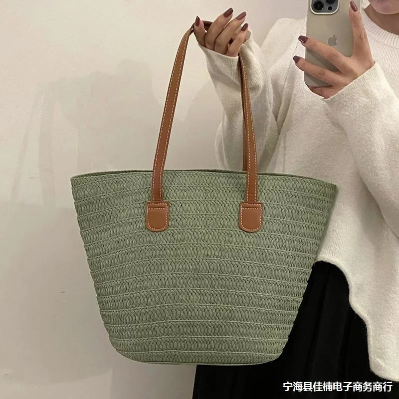 Large Capacity Single Shoulder Woven Bag For Women's 2023 Summer New Straw Woven Bag Weaving Large Capacity Bucket Bag