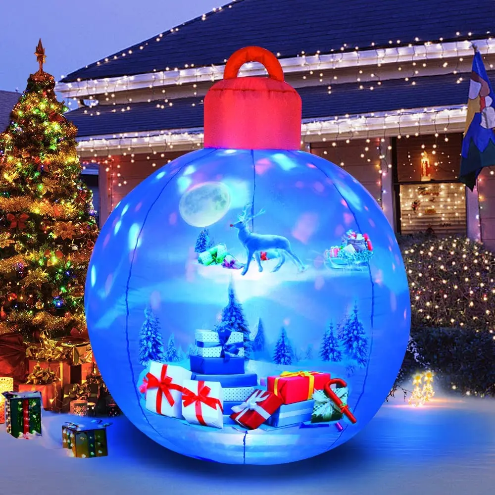 Christmas Inflatable Balls Decorations Blow Ups Christmas Ornament Blue Ball with Santa Gift Designed Pattern Indoor Outdoor Toy 6