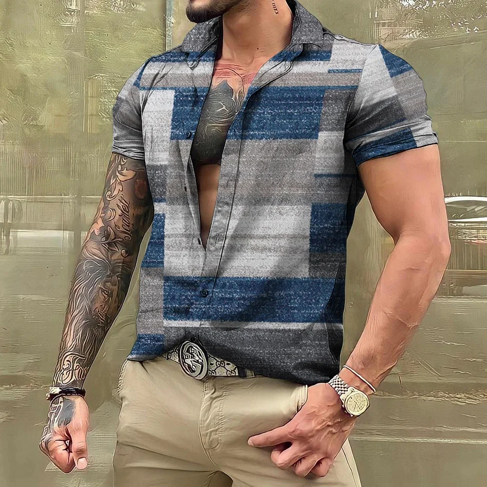 

Vintage Men's Shirt Hawaiian 3D Stripe Print Short Sleeve Shirt Beach Vacation T-Shirt Tops Oversized Men's Clothing Plaid Shirt