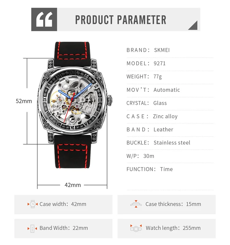 SKMEI Luxury Leather Strap Mens Automatic Watches Simple Mechanical Wristwatch Male Waterproof Clock reloj hombre 9271
