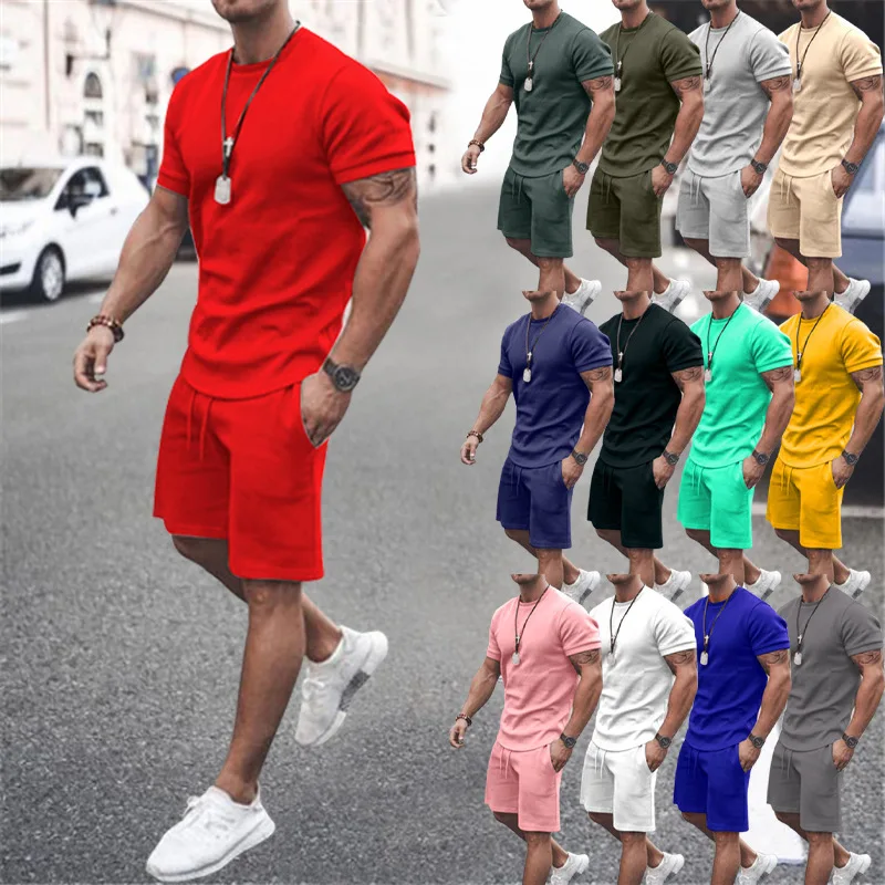 2023 Summer Men’s Sports Streetwear Sets Men’s Solid Fitness Fashion Casual Suit O-Neck Short Sleeved T Shirt+Shorts 2Piece Suit