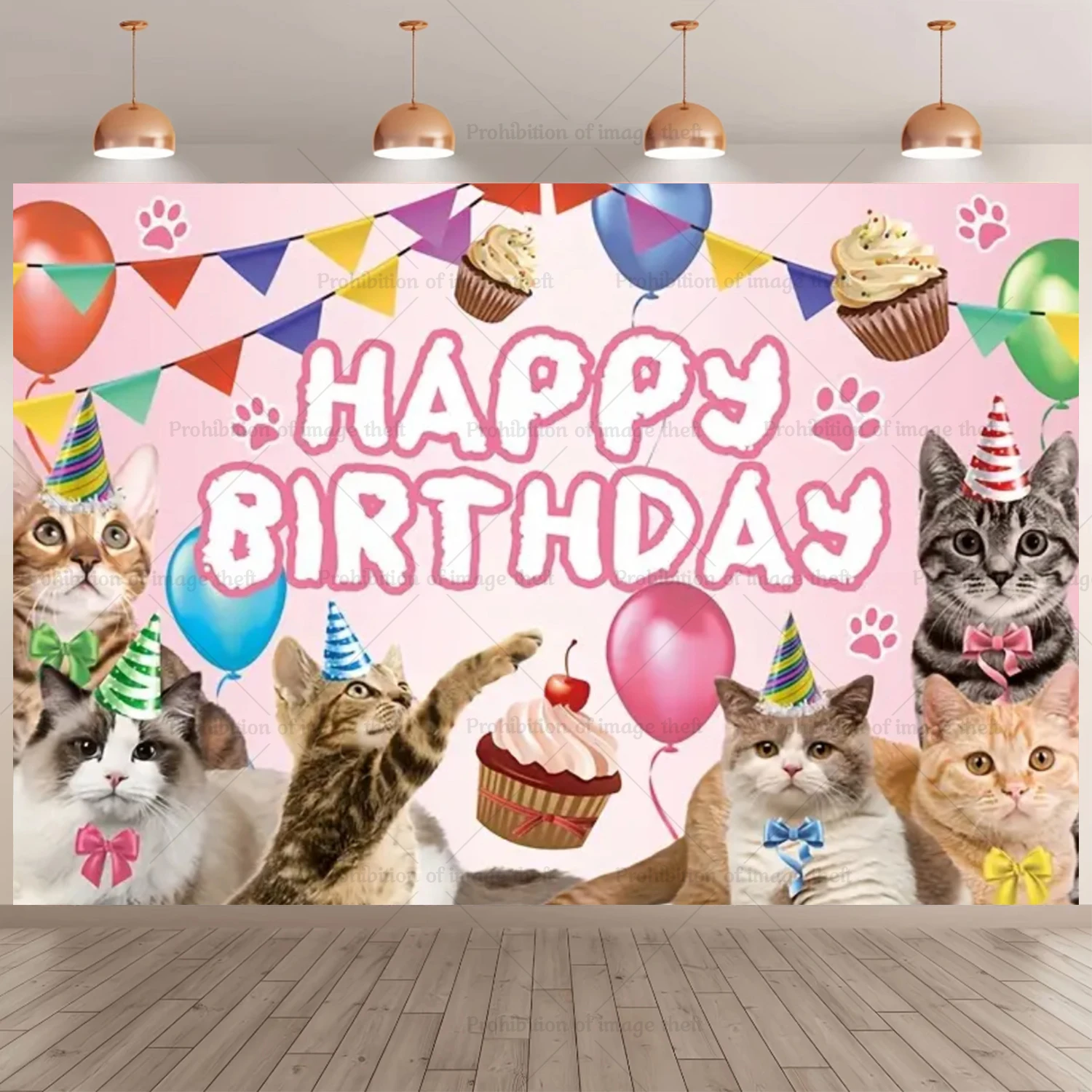 Niedliche Karikatur Katzen Thema Hintergrund lustige Tiere alles Gute zum Geburtstag Party Dekoration Kinder Geschenk Banner rosa schwarz Ballon Poster Requisite – Detail 1