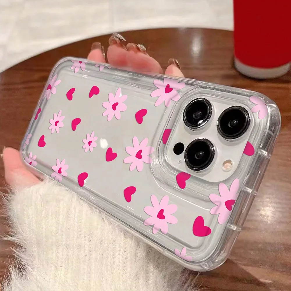 Pink Flowers Heart Print Clear Phone Case - Soft Cover