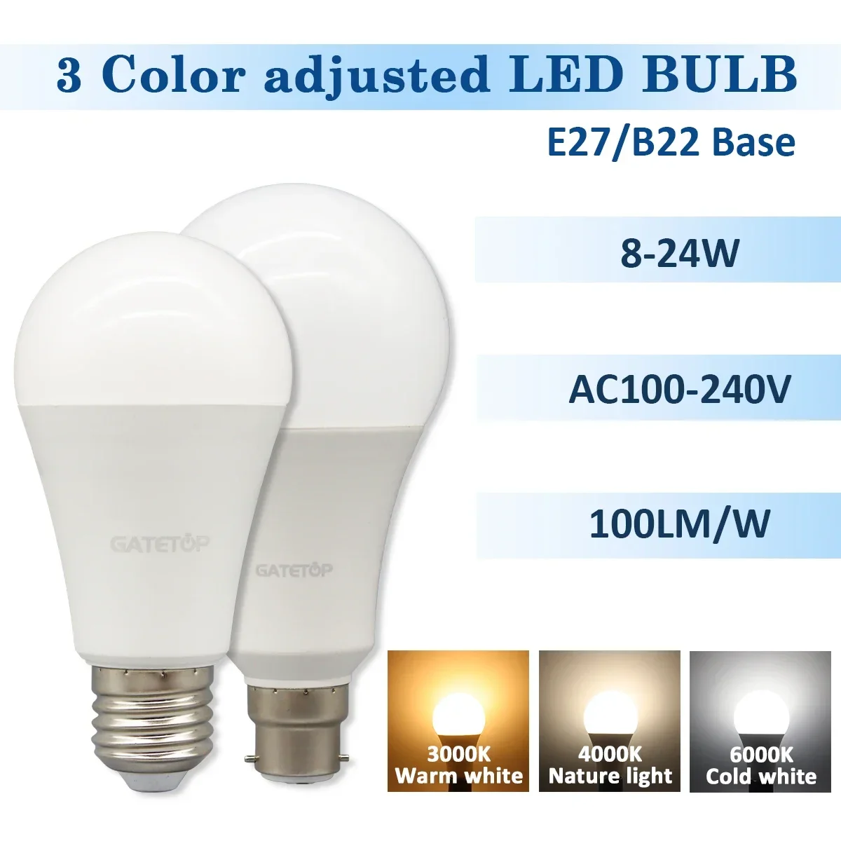 6pcs LED light Bulb Tricolor Dimming  AC220V 110V 18W 24W Wall Switch CCT 3000K 4000K 6000K Memory Function for Home Bedroom