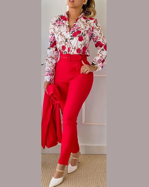 Two Piece Suit Sets Fashion Women Daily Wear Turn-down Collar Floral  Baroque Print Shirt & High Waist Pants Set - AliExpress