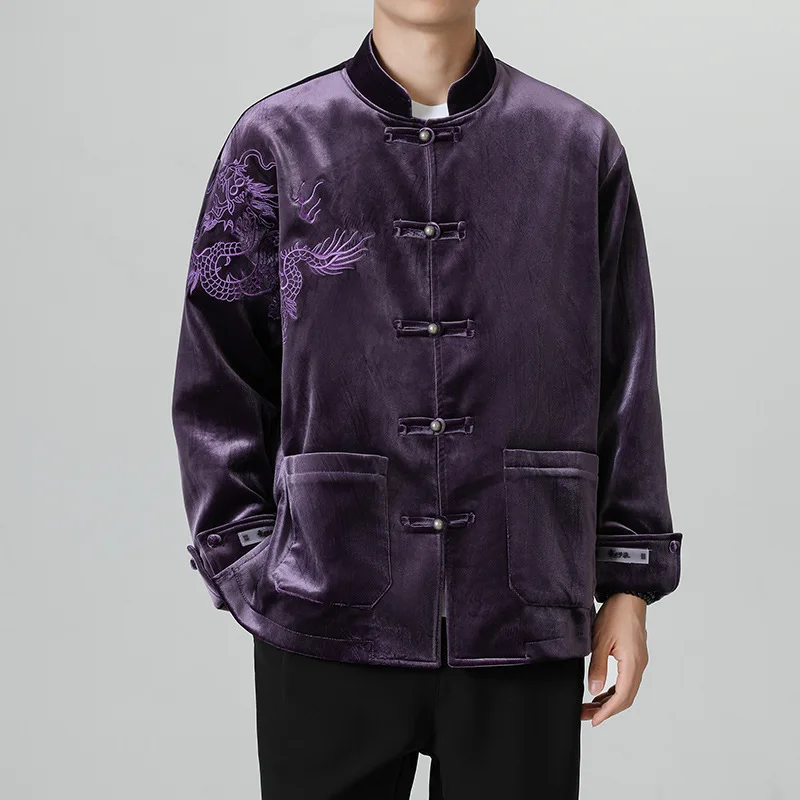 Autumn Winter Velvet Jacket Men's New Chinese Style Vintage Tang Costume Traditional Dragon Embroidery Coat Large Size 5XL Top