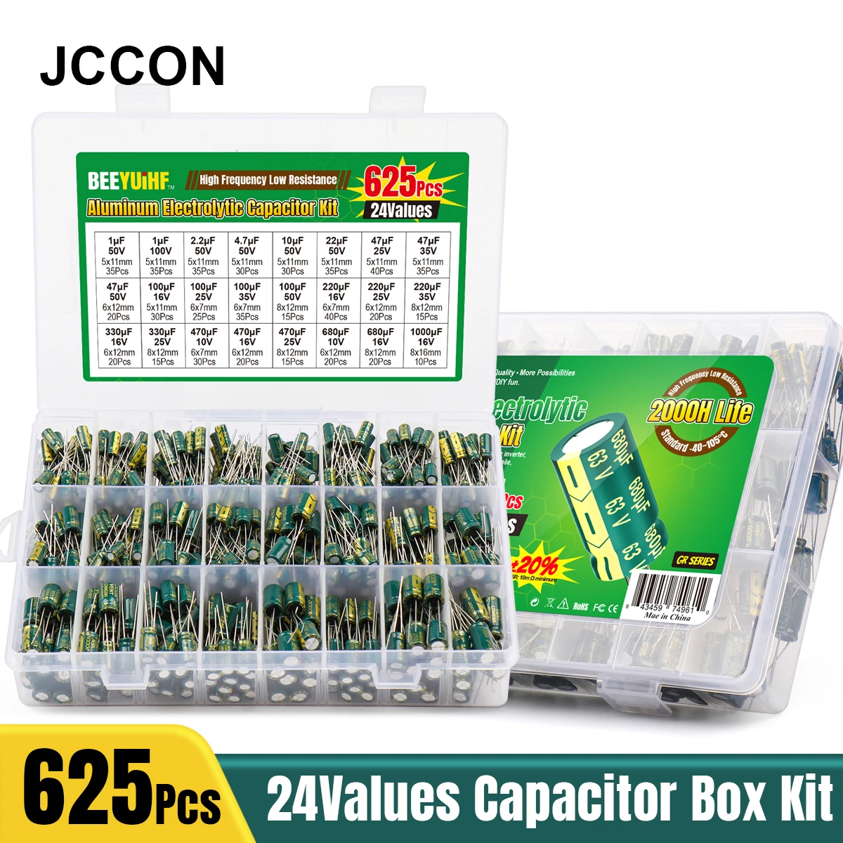 625Pcs 24Values Aluminum Electrolytic Capacitor Kit 10V-100V 1F-1000uF Capacitors Box Assortment Kit Aluminum Electrolytic Capacitor