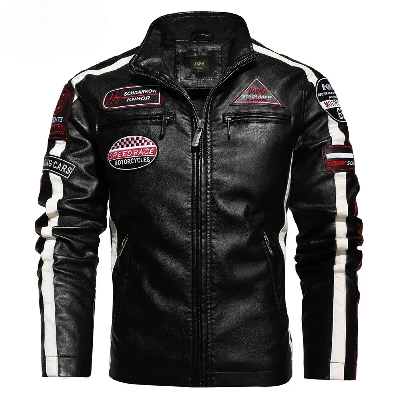 New Men's PU Jacket Motorcycle Racing Suit Europe and America Large Size Trendy Leather Coat Plus Fleece Thin Contrast