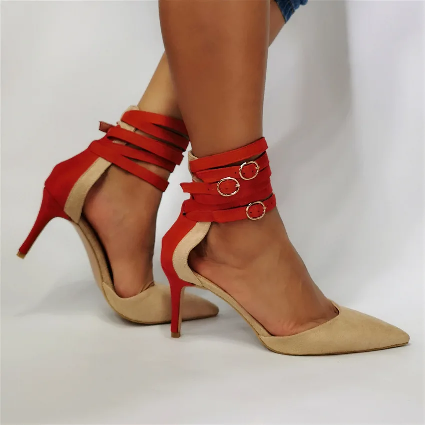 Kolnoo New Simple Style Handmade Ladies Stiletto Dress Pumps Red-buckle Straps D'orsay Daily Wear Fashion Party Prom Court Shoes