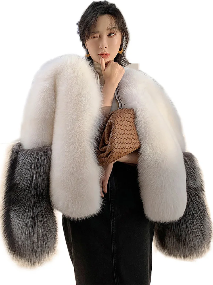 Winter Coat Women Fur Real Leather Fox Fur Coat Leather Sleeves