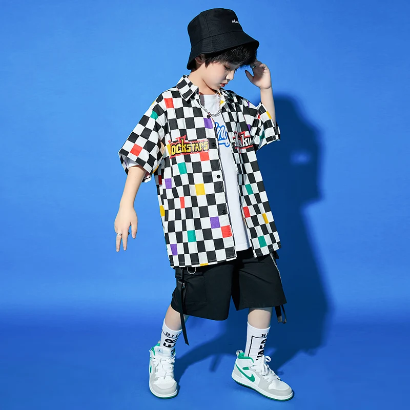 

Kids Concert Hip Hop Clothing Checkered Short Sleeve Shirt Tops Street Wear Shorts For Girls Boys Jazz Dance Costume Set Clothes