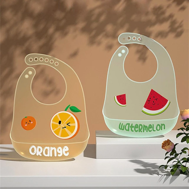 Babete impermeável do bebê com impressão de frutas dos desenhos animados  para crianças, panos de silicone ajustável, itens de alimentação para  menina e menino - AliExpress