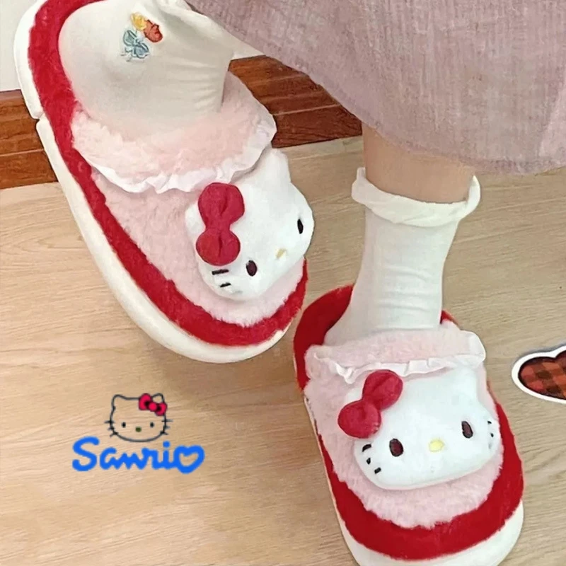 

Cute Hello Kitty Cotton Slippers Sanrio Cinnamoroll My Melody Slippers Women Winter Velvet Kuromi Warm Home Girl Slippers Shoes