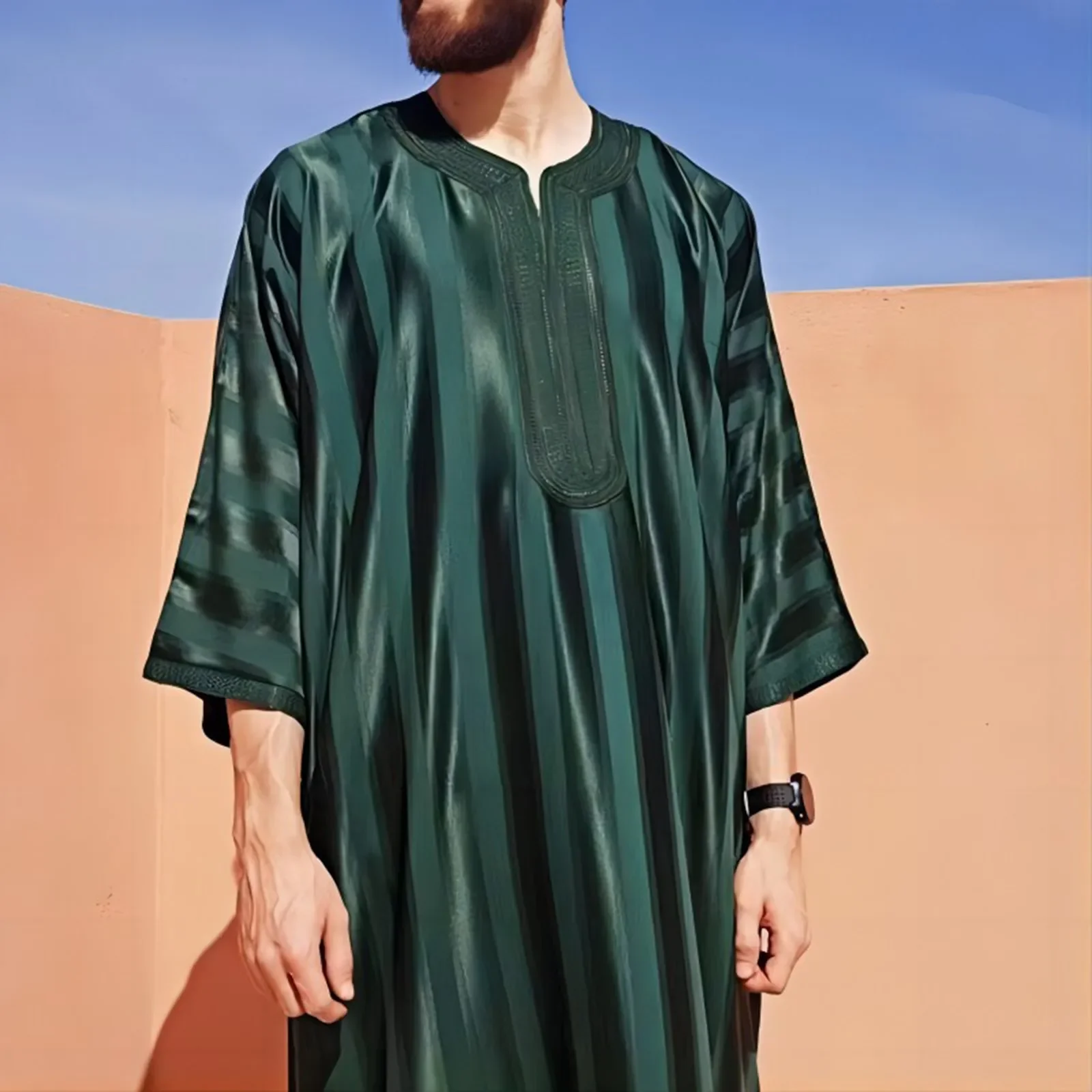 Bordado masculino, vestido muçulmano listrado, vestes longas, Oriente Médio, decote V, meia manga, Jubba Thobe, Arábia Saudita, islâmico, alta qualidade