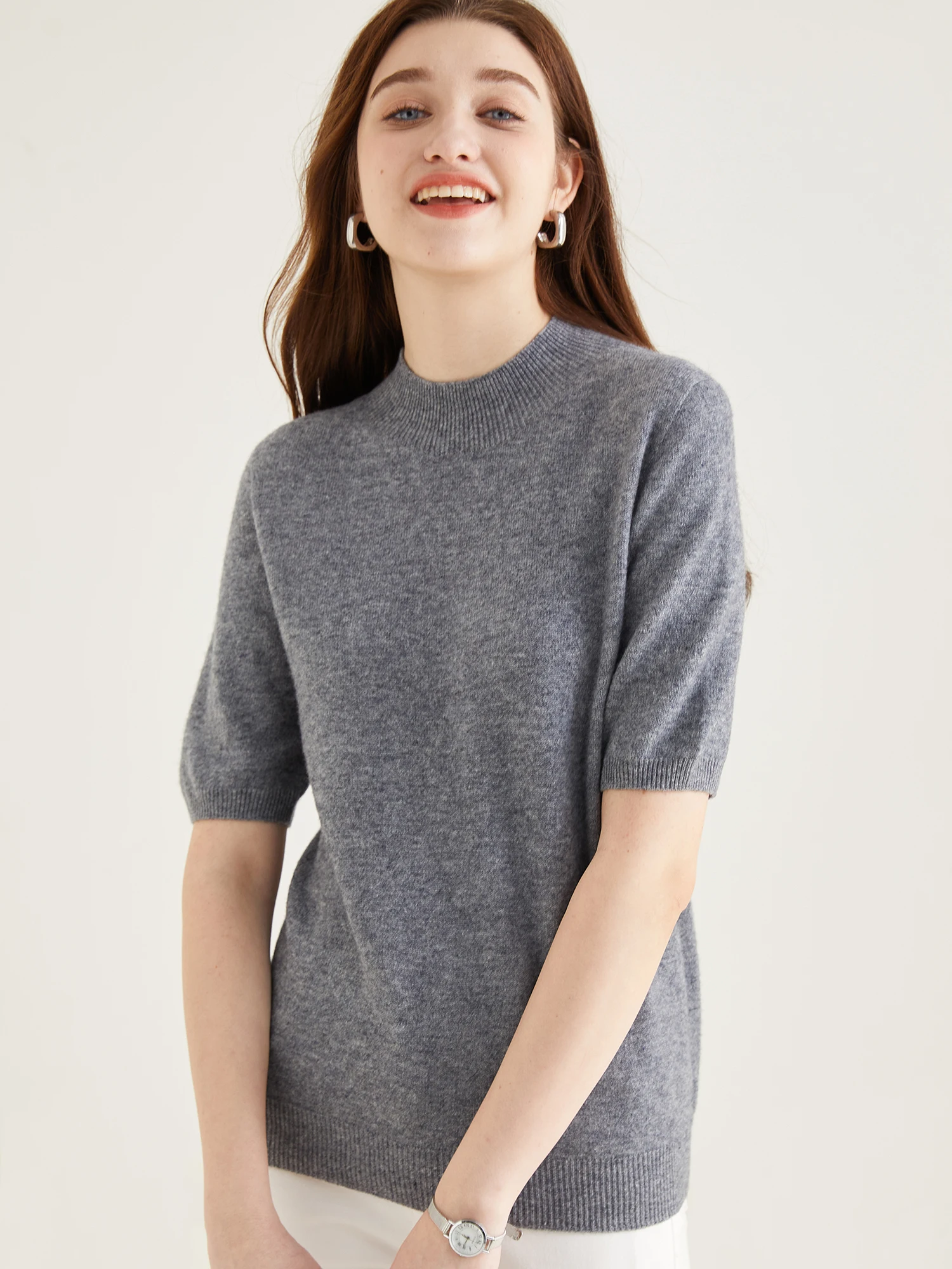 Wool Top Women's Sweater Knitwears Short Sleeve Pullover 100% Wool Half Turtleneck Sweater for Women Knit Jumper Female Clothing