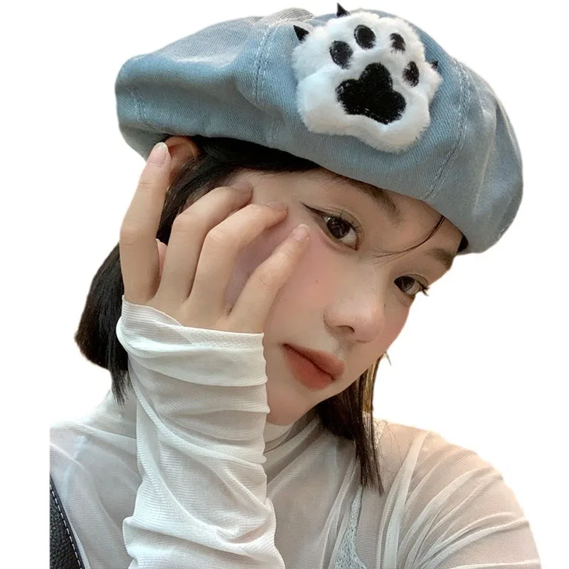 Cute Puppy Paw Beret Women y2k Sweet Cool Hottie Cowboy Big Head Hat