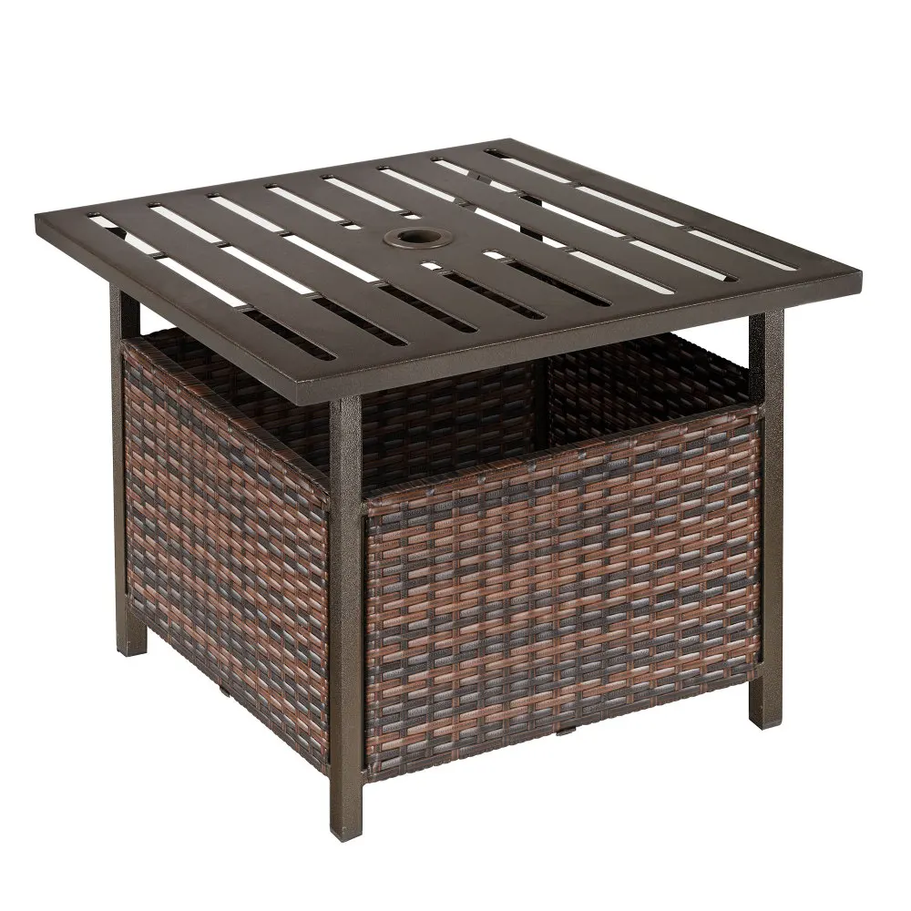 Rattan Garden Coffee Table, 55.5 cm Square Wicker Patio Side Coffee Table with 4 cm Umbrella Hole, for Outdoor, Balcony, Brown
