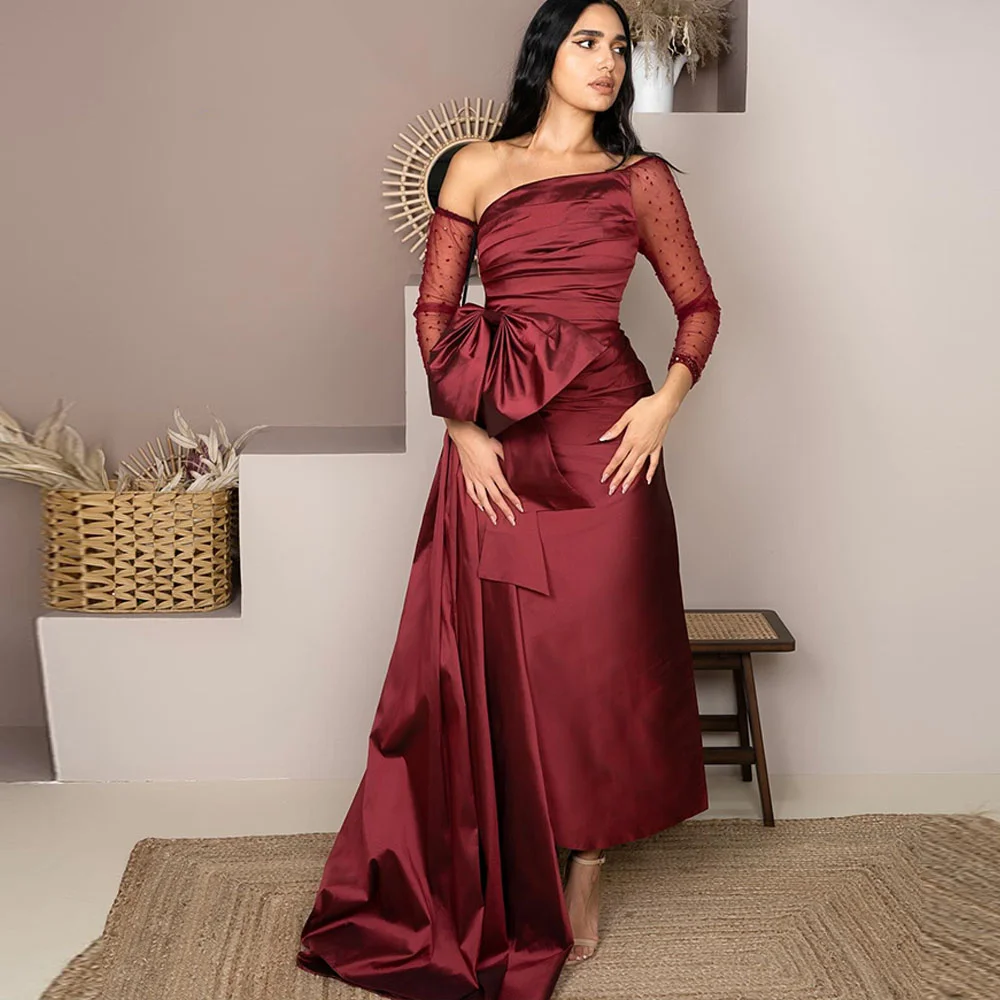

Charming Big Bow Evening Dresses for Women Solid Color Simple Long Sleeves Sweep Train Elegant Prom Gown فساتين مناسبة رسمية