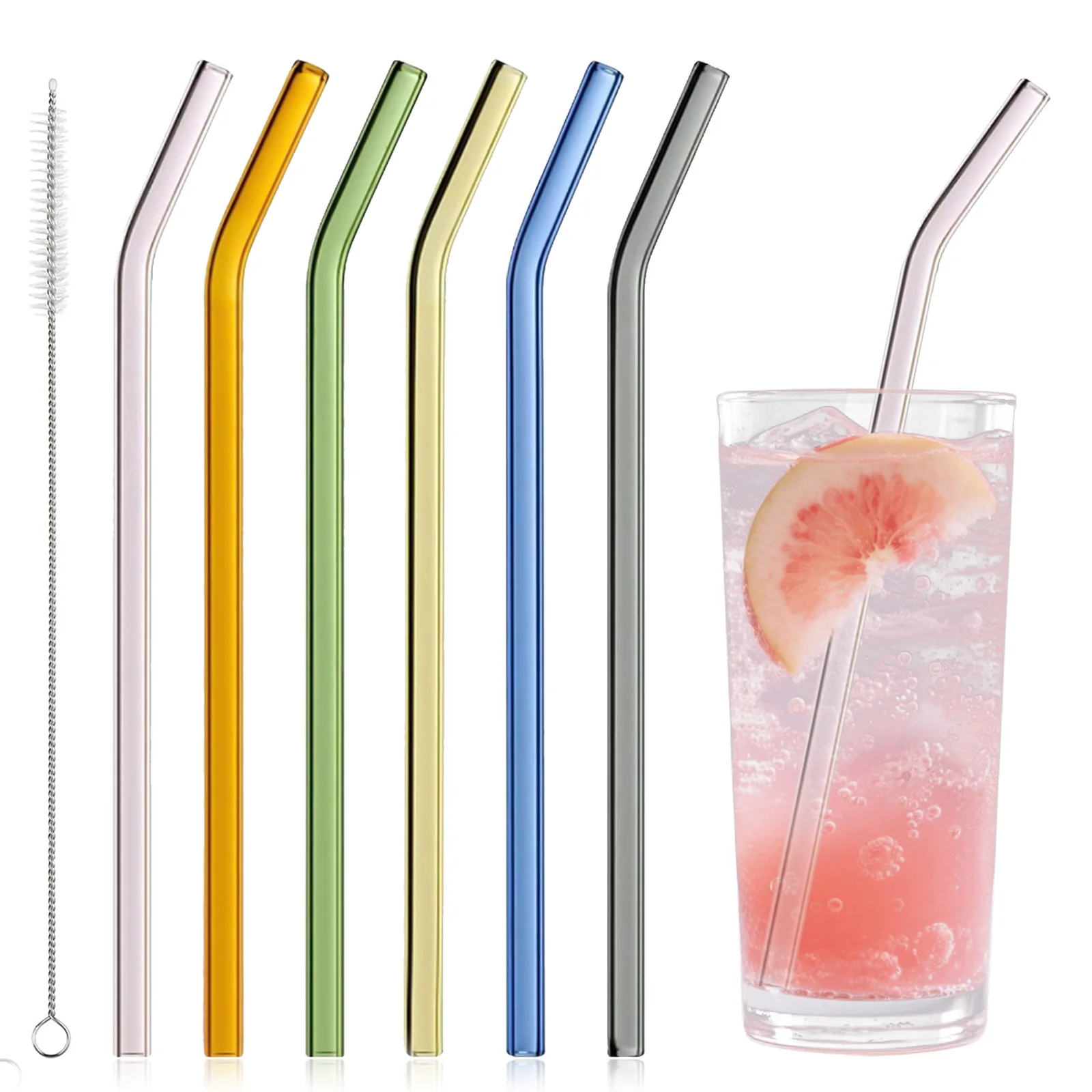 Eco-Friendly Multi-Color Reusable Glass Straw Set - 7 Pieces for Smoothies, Milkshakes, Tea, Juice, and Cocktails