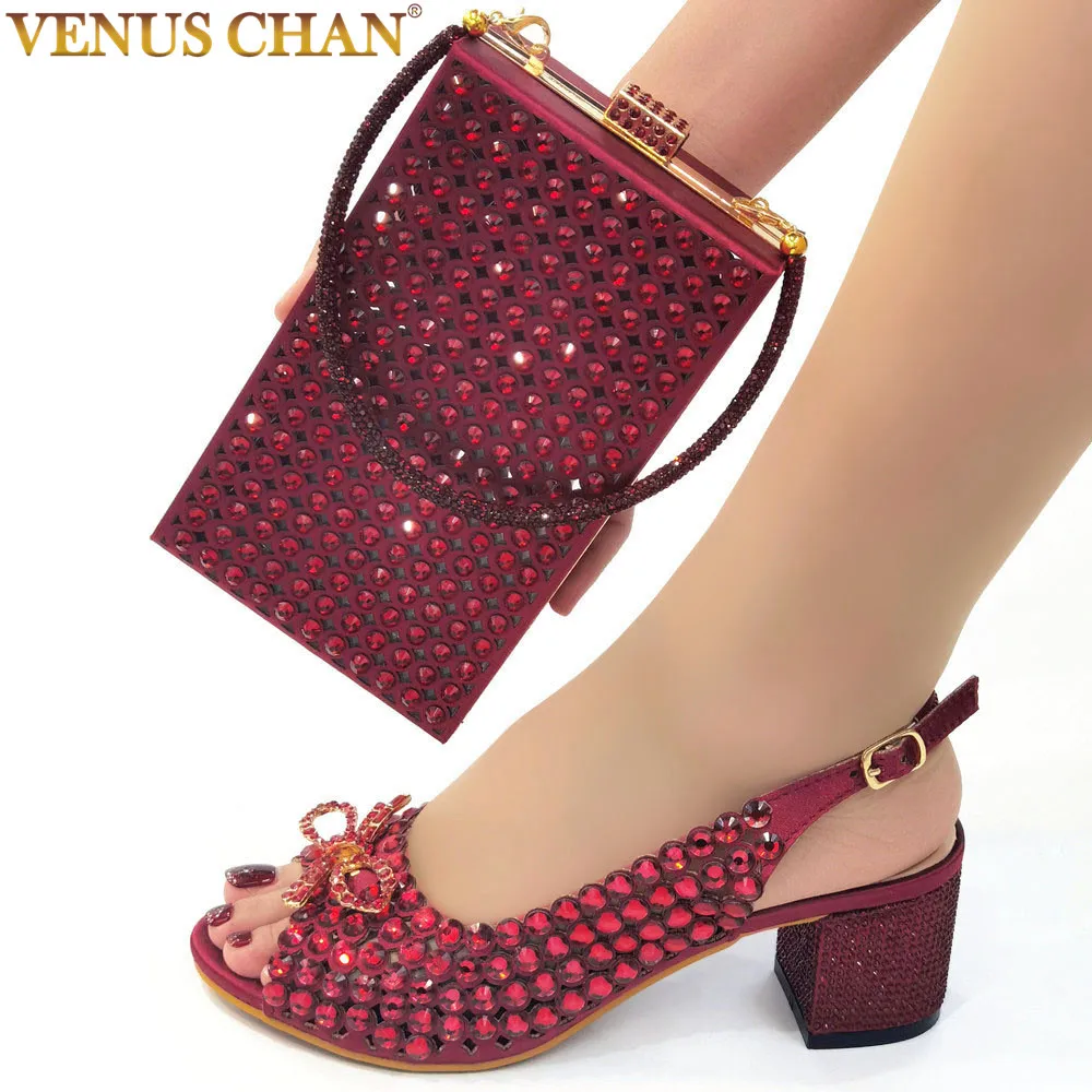 

Venus Chan Shoes for Women 2023 Designer Luxury Wedding Wine Color Pumps High Heels Rhinestone Design Party Shoes and Bags Set