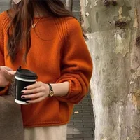 100% Pure Wool Sweater Women's Rolled Edge Round Neck Pullover Autumn Winter Thick Knit Sweater Casual Loose Fashion Korean tops - Image 5