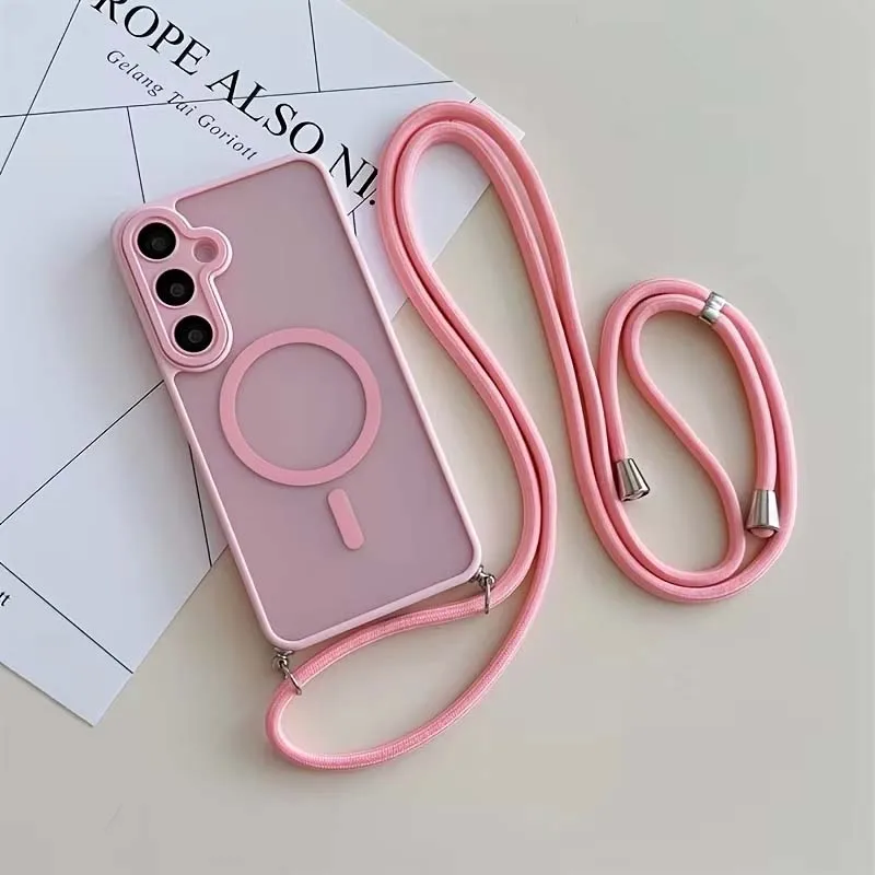 Luxury Frosted Lanyard Magnetic Phone Case with Lens Film and Wireless Charging Support