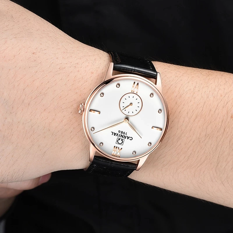 Montre Homme Carnival Brand Luxury Quartz Watch for Men Fashion Small Second Leather Strap Wrist Watch Waterproof Reloj Hombre